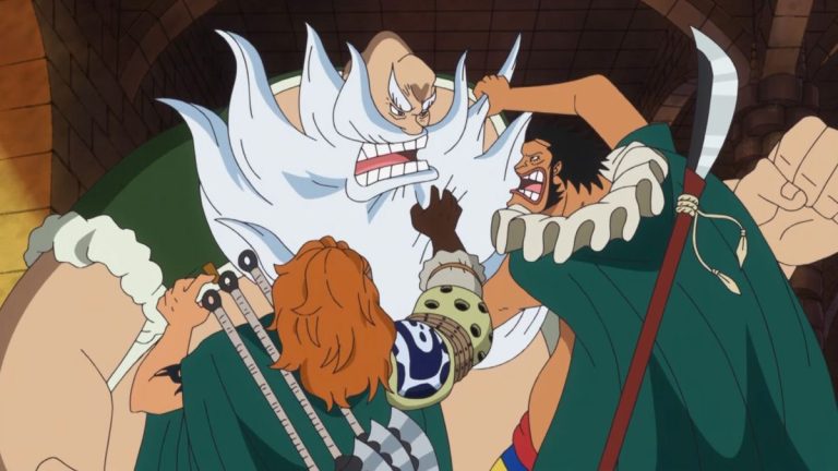 Official One Piece Episode 637 story scene from Bellamy, Bartolomeo, Sai, Boo, Dagama, King Elizabello, Blue Gilly, Law, Robin, Usopp, Caesar Clown, Sanji, Violet, Green Bit, the fighting fish, and the Tontatta Kingdom