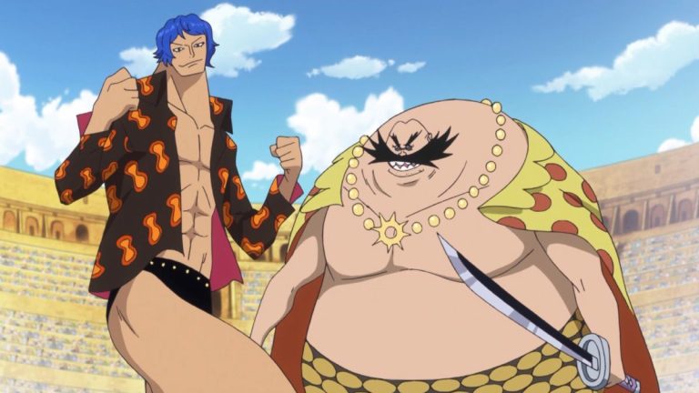 Official One Piece Episode 638 story scene from Bellamy, Bartolomeo, Sai, Boo, Dagama, King Elizabello, Blue Gilly, Law, Robin, Usopp, Caesar Clown, Sanji, Violet, Green Bit, the fighting fish, and the Tontatta Kingdom