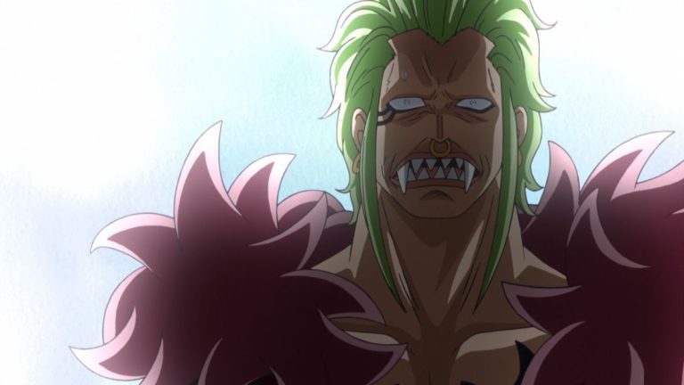 Official One Piece Episode 639 story scene from Bellamy, Bartolomeo, Sai, Boo, Dagama, King Elizabello, Blue Gilly, Law, Robin, Usopp, Caesar Clown, Sanji, Violet, Green Bit, the fighting fish, and the Tontatta Kingdom