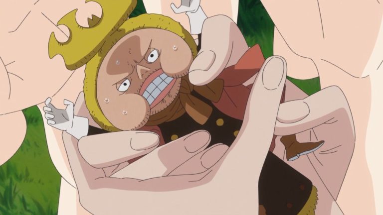Official One Piece Episode 640 story scene from Bellamy, Bartolomeo, Sai, Boo, Dagama, King Elizabello, Blue Gilly, Law, Robin, Usopp, Caesar Clown, Sanji, Violet, Green Bit, the fighting fish, and the Tontatta Kingdom