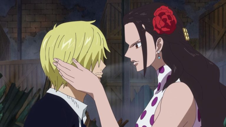 Official One Piece Episode 641 story scene from Bellamy, Bartolomeo, Sai, Boo, Dagama, King Elizabello, Blue Gilly, Law, Robin, Usopp, Caesar Clown, Sanji, Violet, Green Bit, the fighting fish, and the Tontatta Kingdom