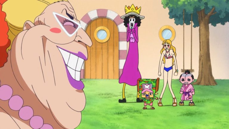 Official One Piece Episode 644 story scene from Doflamingo, Trafalgar Law, Admiral Fujitora, Caesar Clown, Luffy, Hajrudin, Kelly Funk, Bobby Funk, Don Chinjao, the Corrida Colosseum, and Green Bit