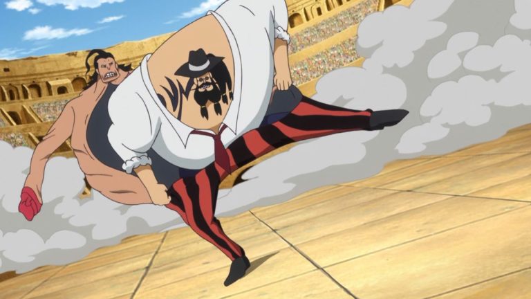 Official One Piece Episode 646 story scene from Doflamingo, Trafalgar Law, Admiral Fujitora, Caesar Clown, Luffy, Hajrudin, Kelly Funk, Bobby Funk, Don Chinjao, the Corrida Colosseum, and Green Bit