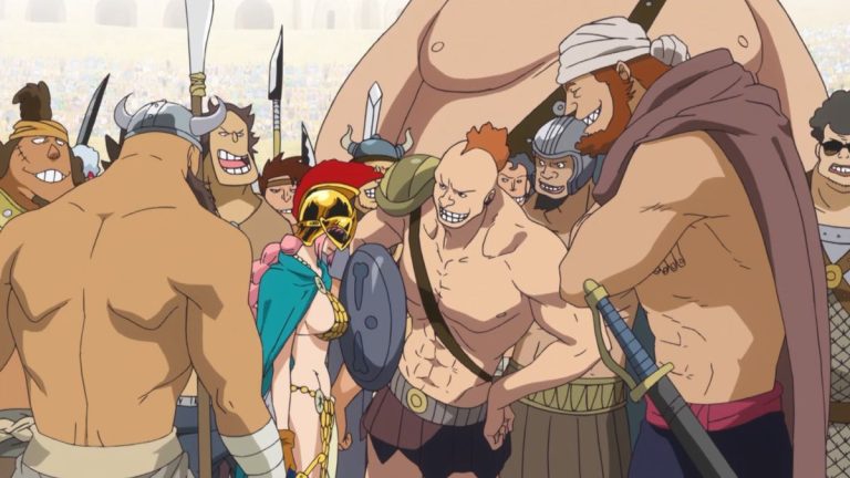 Official One Piece Episode 652 story scene from Rebecca, Acilia, Rolling Logan, Suleiman, Orlumbus, Giolla, Brook, Nami, Chopper, Momonosuke, Cavendish, Sanji, Doflamingo, Law, and the Thousand Sunny