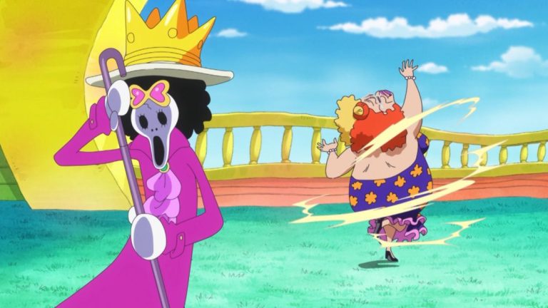 Official One Piece Episode 653 story scene from Rebecca, Acilia, Rolling Logan, Suleiman, Orlumbus, Giolla, Brook, Nami, Chopper, Momonosuke, Cavendish, Sanji, Doflamingo, Law, and the Thousand Sunny