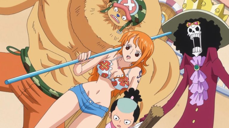 Official One Piece Episode 654 story scene from Rebecca, Acilia, Rolling Logan, Suleiman, Orlumbus, Giolla, Brook, Nami, Chopper, Momonosuke, Cavendish, Sanji, Doflamingo, Law, and the Thousand Sunny