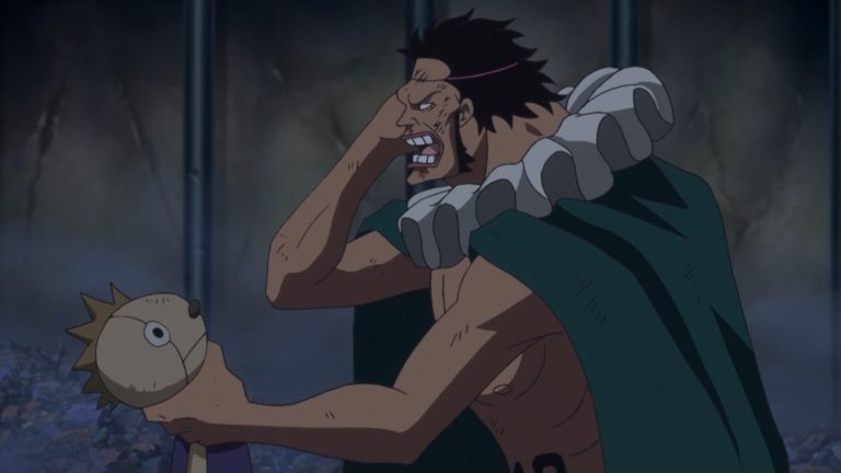 Official One Piece Episode 657 story scene from Rebecca, Rolling Logan, Acilia, Kyros, King Riku, Scarlett, Viola, Doflamingo, the Donquixote Family, Trafalgar Law, Fujitora, Caesar Clown, Momonosuke, and the Thousand Sunny
