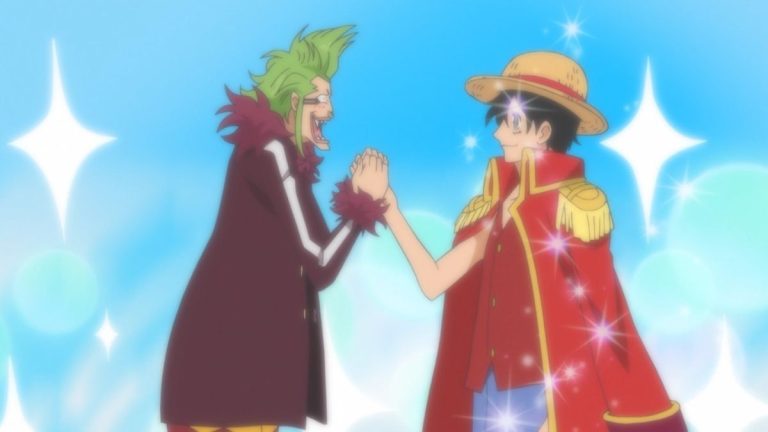 Official One Piece Episode 658 story scene from Rebecca, Rolling Logan, Acilia, Kyros, King Riku, Scarlett, Viola, Doflamingo, the Donquixote Family, Trafalgar Law, Fujitora, Caesar Clown, Momonosuke, and the Thousand Sunny