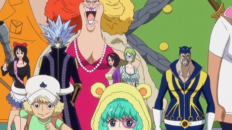 Official One Piece Episode 660 story scene from Rebecca, Rolling Logan, Acilia, Kyros, King Riku, Scarlett, Viola, Doflamingo, the Donquixote Family, Trafalgar Law, Fujitora, Caesar Clown, Momonosuke, and the Thousand Sunny