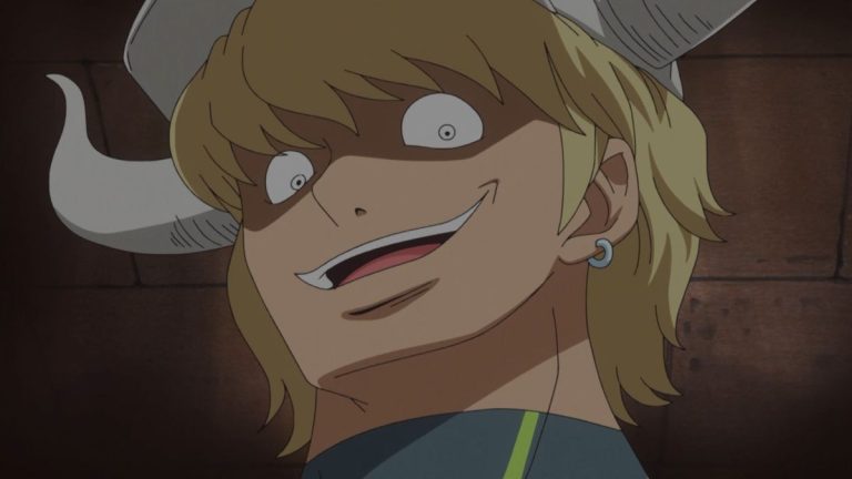 Official One Piece Episode 661 story scene from Rebecca, Rolling Logan, Acilia, Kyros, King Riku, Scarlett, Viola, Doflamingo, the Donquixote Family, Trafalgar Law, Fujitora, Caesar Clown, Momonosuke, and the Thousand Sunny