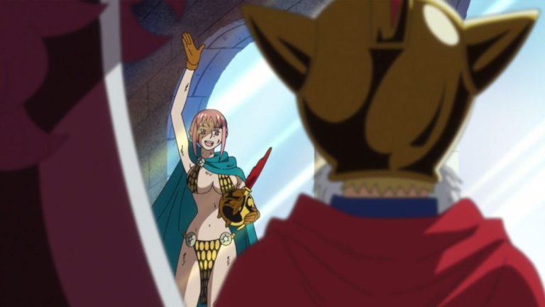 Official One Piece Episode 667 story scene from Admiral Fujitora, Doflamingo, Sabo, Rebecca, Diamante, Bartolomeo, Jesus Burgess, Pica, Zoro, Viola, Sugar, Trebol, Usopp, Robin, Leo, and the Tontatta