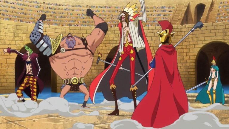 Official One Piece Episode 668 story scene from Admiral Fujitora, Doflamingo, Sabo, Rebecca, Diamante, Bartolomeo, Jesus Burgess, Pica, Zoro, Viola, Sugar, Trebol, Usopp, Robin, Leo, and the Tontatta