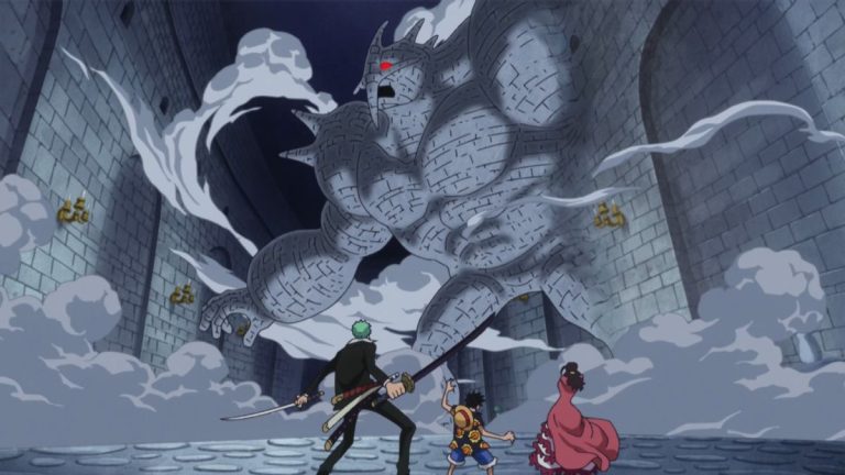 Official One Piece Episode 669 story scene from Admiral Fujitora, Doflamingo, Sabo, Rebecca, Diamante, Bartolomeo, Jesus Burgess, Pica, Zoro, Viola, Sugar, Trebol, Usopp, Robin, Leo, and the Tontatta