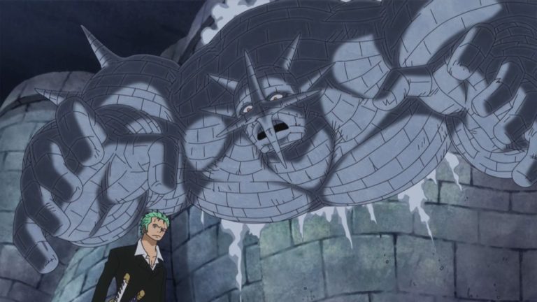 Official One Piece Episode 671 story scene from Admiral Fujitora, Doflamingo, Sabo, Rebecca, Diamante, Bartolomeo, Jesus Burgess, Pica, Zoro, Viola, Sugar, Trebol, Usopp, Robin, Leo, and the Tontatta
