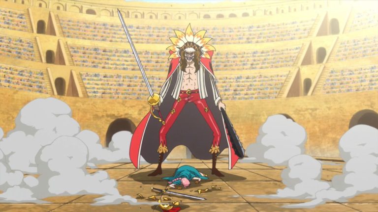 Official One Piece Episode 672 story scene from Kyros, King Riku, Scarlett, Rebecca, Gladius, Pica, Luffy, Zoro, Bartolomeo, Usopp, Robin, Sugar, Trebol, Leo, and the Tontatta