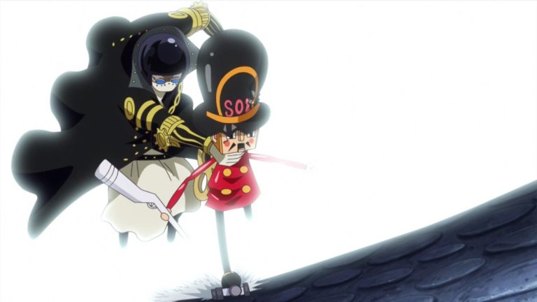 Official One Piece Episode 673 story scene from Kyros, King Riku, Scarlett, Rebecca, Gladius, Pica, Luffy, Zoro, Bartolomeo, Usopp, Robin, Sugar, Trebol, Leo, and the Tontatta