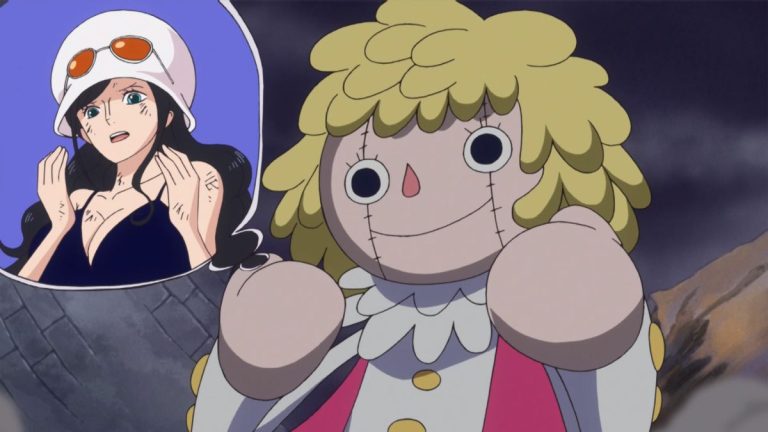 Official One Piece Episode 674 story scene from Kyros, King Riku, Scarlett, Rebecca, Gladius, Pica, Luffy, Zoro, Bartolomeo, Usopp, Robin, Sugar, Trebol, Leo, and the Tontatta