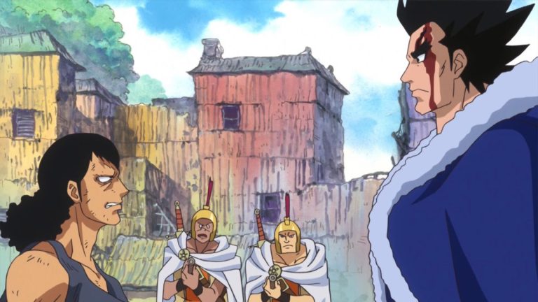Official One Piece Episode 675 story scene from Kyros, King Riku, Scarlett, Rebecca, Gladius, Pica, Luffy, Zoro, Bartolomeo, Usopp, Robin, Sugar, Trebol, Leo, and the Tontatta