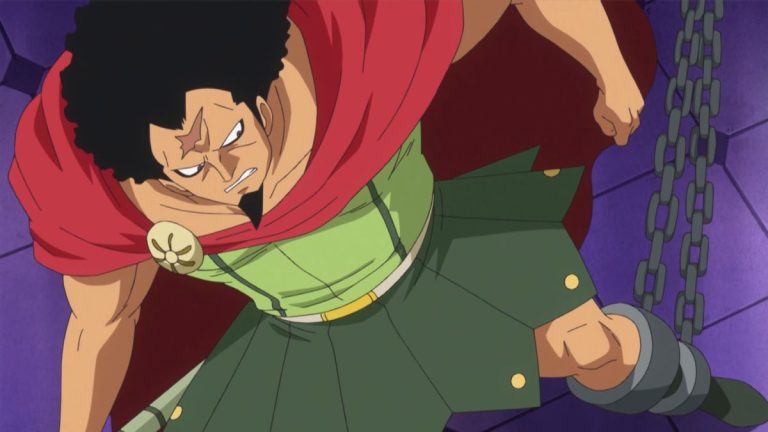 Official One Piece Episode 676 story scene from Kyros, King Riku, Scarlett, Rebecca, Gladius, Pica, Luffy, Zoro, Bartolomeo, Usopp, Robin, Sugar, Trebol, Leo, and the Tontatta