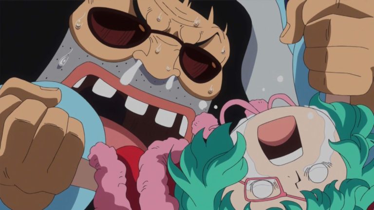 Official One Piece Episode 677 story scene from Kyros, Rebecca, King Riku, Doflamingo, Sabo, Ace, Koala, Hack, Jesus Burgess, Diamante, Usopp, Sugar, Trebol, the Tontatta, and the liberated gladiators