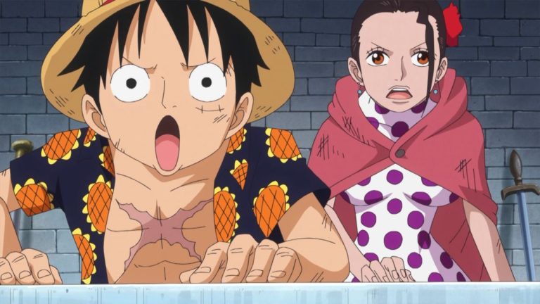 Official One Piece Episode 678 story scene from Kyros, Rebecca, King Riku, Doflamingo, Sabo, Ace, Koala, Hack, Jesus Burgess, Diamante, Usopp, Sugar, Trebol, the Tontatta, and the liberated gladiators