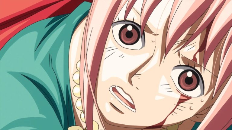 Official One Piece Episode 679 story scene from Kyros, Rebecca, King Riku, Doflamingo, Sabo, Ace, Koala, Hack, Jesus Burgess, Diamante, Usopp, Sugar, Trebol, the Tontatta, and the liberated gladiators