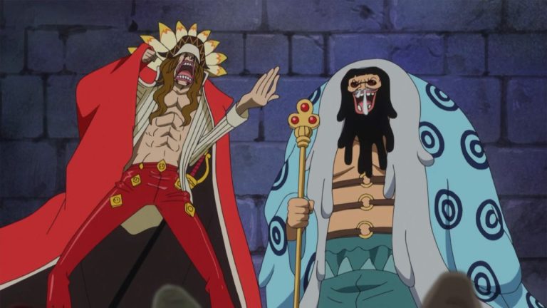 Official One Piece Episode 680 story scene from Kyros, Rebecca, King Riku, Doflamingo, Sabo, Ace, Koala, Hack, Jesus Burgess, Diamante, Usopp, Sugar, Trebol, the Tontatta, and the liberated gladiators