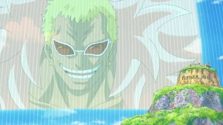 Official One Piece Episode 681 story scene from Kyros, Rebecca, King Riku, Doflamingo, Sabo, Ace, Koala, Hack, Jesus Burgess, Diamante, Usopp, Sugar, Trebol, the Tontatta, and the liberated gladiators
