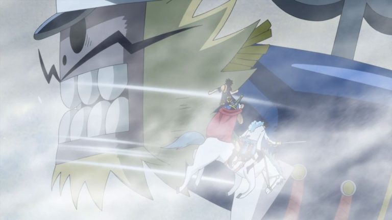 Official One Piece Episode 692 story scene from Zoro, Pica, Princess Mansherry, Leo, Luffy, Bartolomeo, Cavendish, Rebecca, Kyros, Scarlett, and the Dressrosa coalition