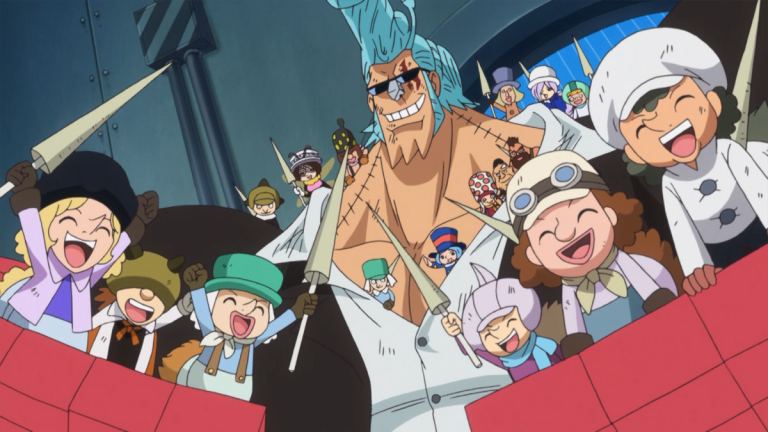 Official One Piece Episode 693 story scene from Zoro, Pica, Princess Mansherry, Leo, Luffy, Bartolomeo, Cavendish, Rebecca, Kyros, Scarlett, and the Dressrosa coalition