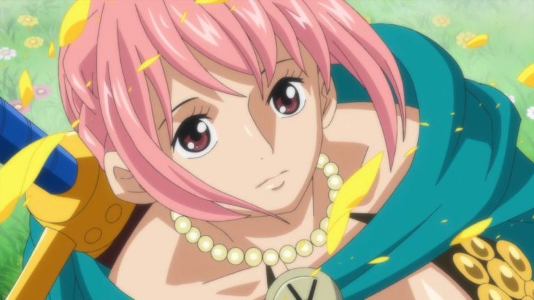 Official One Piece Episode 695 story scene from Zoro, Pica, Princess Mansherry, Leo, Luffy, Bartolomeo, Cavendish, Rebecca, Kyros, Scarlett, and the Dressrosa coalition