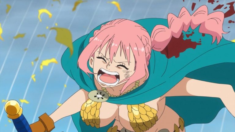 Official One Piece Episode 696 story scene from Zoro, Pica, Princess Mansherry, Leo, Luffy, Bartolomeo, Cavendish, Rebecca, Kyros, Scarlett, and the Dressrosa coalition