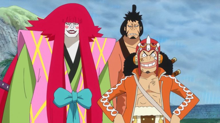 Official One Piece Episode 697 story scene from Zoro, Pica, King Riku, Luffy, Trafalgar Law, Doflamingo, Trebol, Corazon, Homing, Flevance, Lami, and the White Town