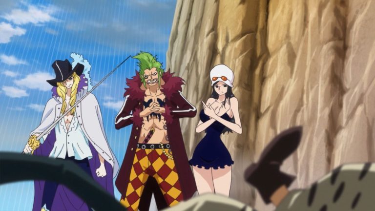 Official One Piece Episode 698 story scene from Zoro, Pica, King Riku, Luffy, Trafalgar Law, Doflamingo, Trebol, Corazon, Homing, Flevance, Lami, and the White Town