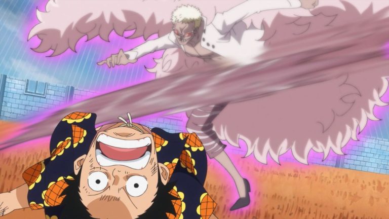 Official One Piece Episode 699 story scene from Zoro, Pica, King Riku, Luffy, Trafalgar Law, Doflamingo, Trebol, Corazon, Homing, Flevance, Lami, and the White Town