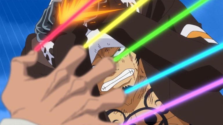 Official One Piece Episode 707 story scene from Trafalgar Law, Doflamingo, Corazon, Hajrudin, Machvise, Sai, Baby 5, Don Chinjao, Bellamy, Luffy, and the Dressrosa coalition