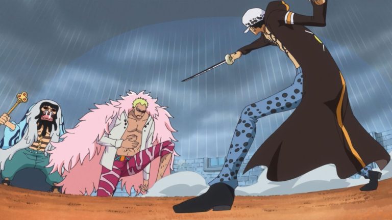 Official One Piece Episode 708 story scene from Trafalgar Law, Doflamingo, Corazon, Hajrudin, Machvise, Sai, Baby 5, Don Chinjao, Bellamy, Luffy, and the Dressrosa coalition