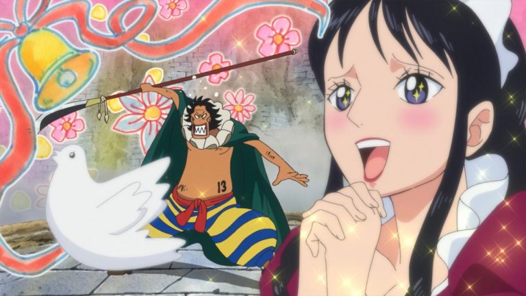 Official One Piece Episode 710 story scene from Trafalgar Law, Doflamingo, Corazon, Hajrudin, Machvise, Sai, Baby 5, Don Chinjao, Bellamy, Luffy, and the Dressrosa coalition
