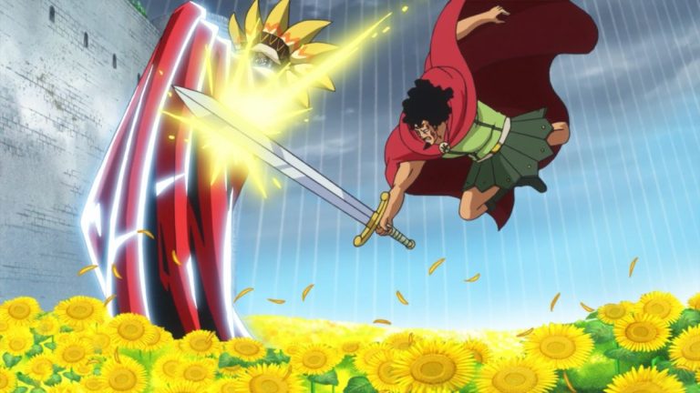 Official One Piece Episode 711 story scene from Trafalgar Law, Doflamingo, Corazon, Hajrudin, Machvise, Sai, Baby 5, Don Chinjao, Bellamy, Luffy, and the Dressrosa coalition