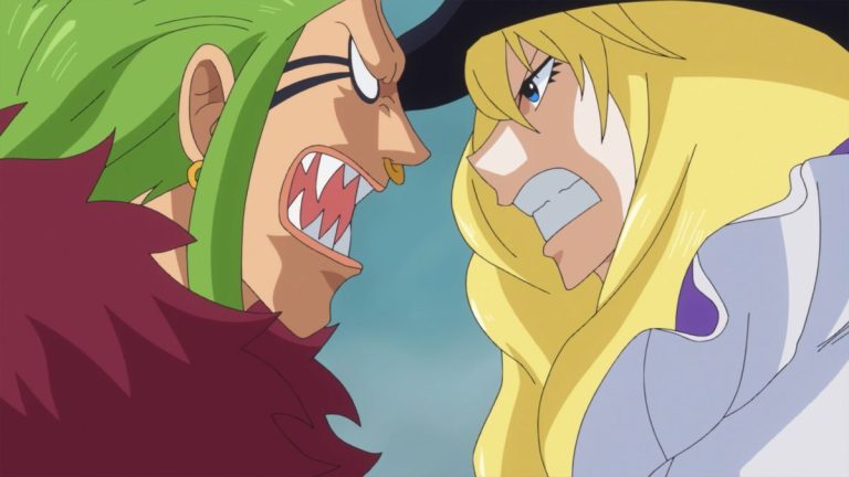 Official One Piece Episode 712 story scene from Cavendish, Hakuba, Dellinger, Bartolomeo, Gladius, Robin, Leo, Princess Mansherry, Jora, Franky, Senor Pink, Russian, Gimlet, Kyros, Rebecca, Scarlett, and Diamante