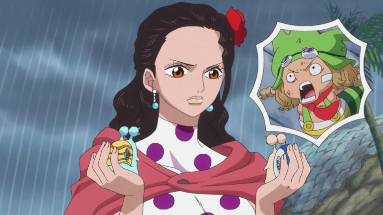 Official One Piece Episode 714 story scene from Cavendish, Hakuba, Dellinger, Bartolomeo, Gladius, Robin, Leo, Princess Mansherry, Jora, Franky, Senor Pink, Russian, Gimlet, Kyros, Rebecca, Scarlett, and Diamante