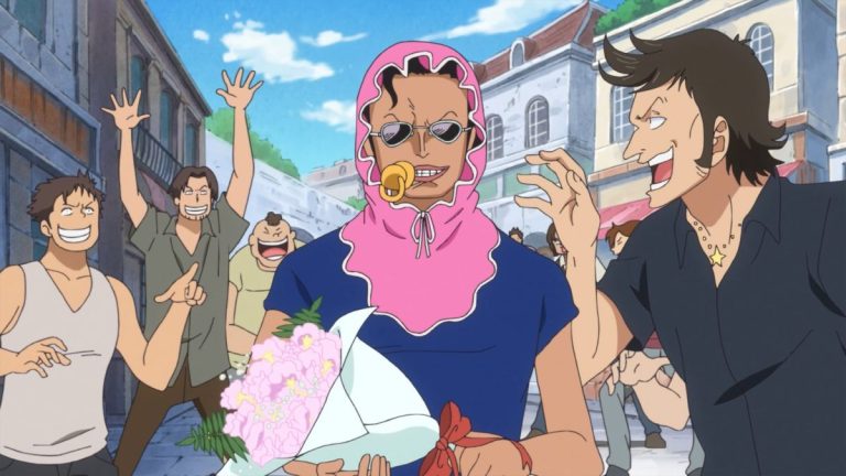 Official One Piece Episode 716 story scene from Cavendish, Hakuba, Dellinger, Bartolomeo, Gladius, Robin, Leo, Princess Mansherry, Jora, Franky, Senor Pink, Russian, Gimlet, Kyros, Rebecca, Scarlett, and Diamante