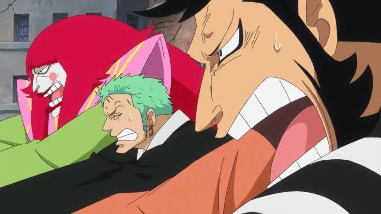 Official One Piece Episode 732 story scene from Luffy, Doflamingo, Trafalgar Law, Zoro, Fujitora, Gatz, Princess Mansherry, King Riku, Rebecca, Kyros, the Tontatta, Marines, Kaido, and the Worst Generation