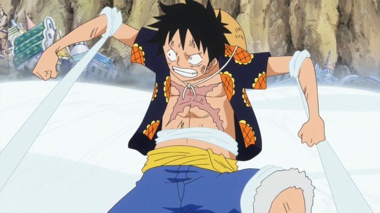 Official One Piece Episode 733 story scene from Luffy, Doflamingo, Trafalgar Law, Zoro, Fujitora, Gatz, Princess Mansherry, King Riku, Rebecca, Kyros, the Tontatta, Marines, Kaido, and the Worst Generation