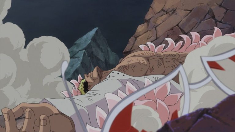 Official One Piece Episode 734 story scene from Luffy, Doflamingo, Trafalgar Law, Zoro, Fujitora, Gatz, Princess Mansherry, King Riku, Rebecca, Kyros, the Tontatta, Marines, Kaido, and the Worst Generation