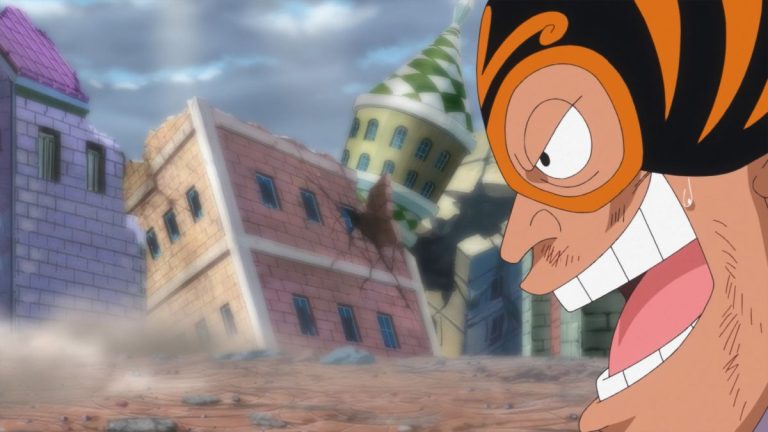 Official One Piece Episode 735 story scene from Luffy, Doflamingo, Trafalgar Law, Zoro, Fujitora, Gatz, Princess Mansherry, King Riku, Rebecca, Kyros, the Tontatta, Marines, Kaido, and the Worst Generation