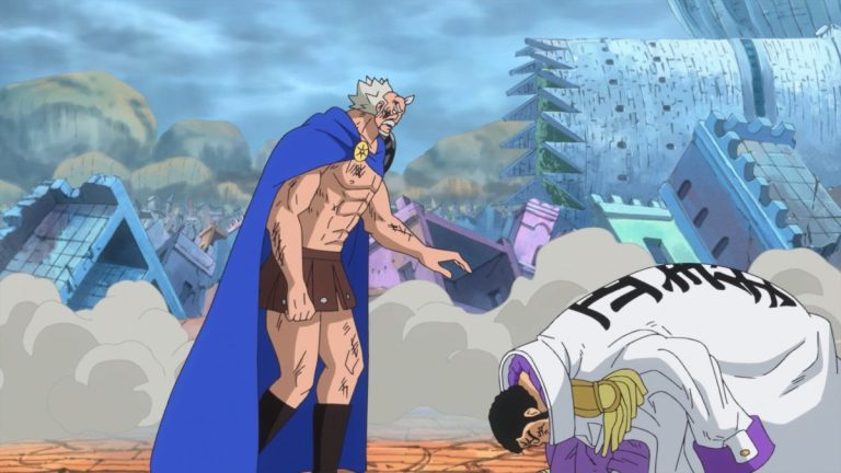 Official One Piece Episode 736 story scene from Luffy, Doflamingo, Trafalgar Law, Zoro, Fujitora, Gatz, Princess Mansherry, King Riku, Rebecca, Kyros, the Tontatta, Marines, Kaido, and the Worst Generation