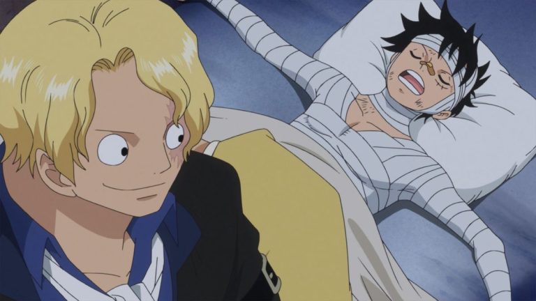 Official One Piece Episode 737 story scene from Sabo, Luffy, Ace, Dragon, Koala, Kaido, Eustass Kid, Scratchmen Apoo, Basil Hawkins, Fujitora, King Riku, Rebecca, Kyros, and the Straw Hat Pirates