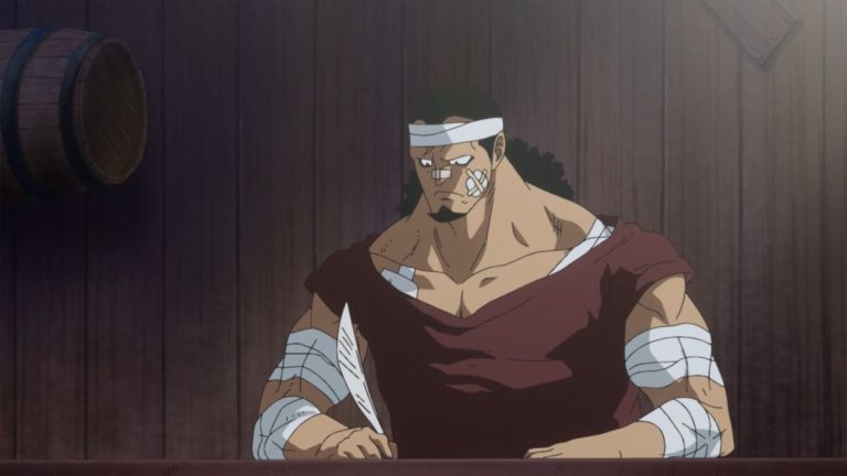 Official One Piece Episode 739 story scene from Sabo, Luffy, Ace, Dragon, Koala, Kaido, Eustass Kid, Scratchmen Apoo, Basil Hawkins, Fujitora, King Riku, Rebecca, Kyros, and the Straw Hat Pirates