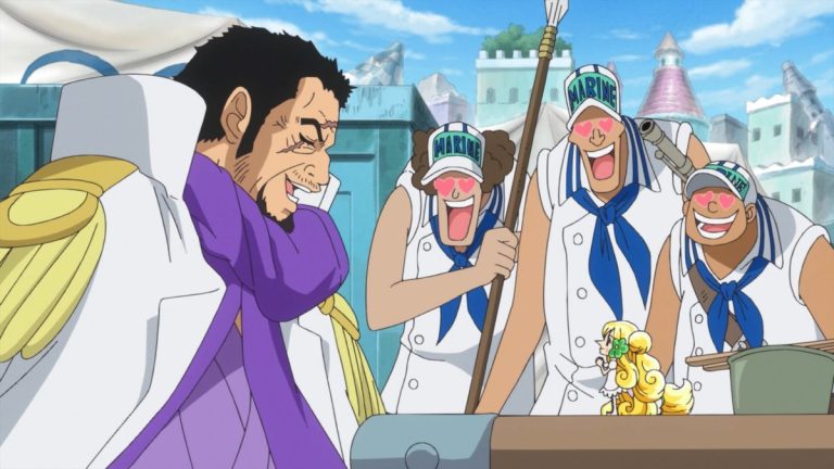 Official One Piece Episode 740 story scene from Sabo, Luffy, Ace, Dragon, Koala, Kaido, Eustass Kid, Scratchmen Apoo, Basil Hawkins, Fujitora, King Riku, Rebecca, Kyros, and the Straw Hat Pirates